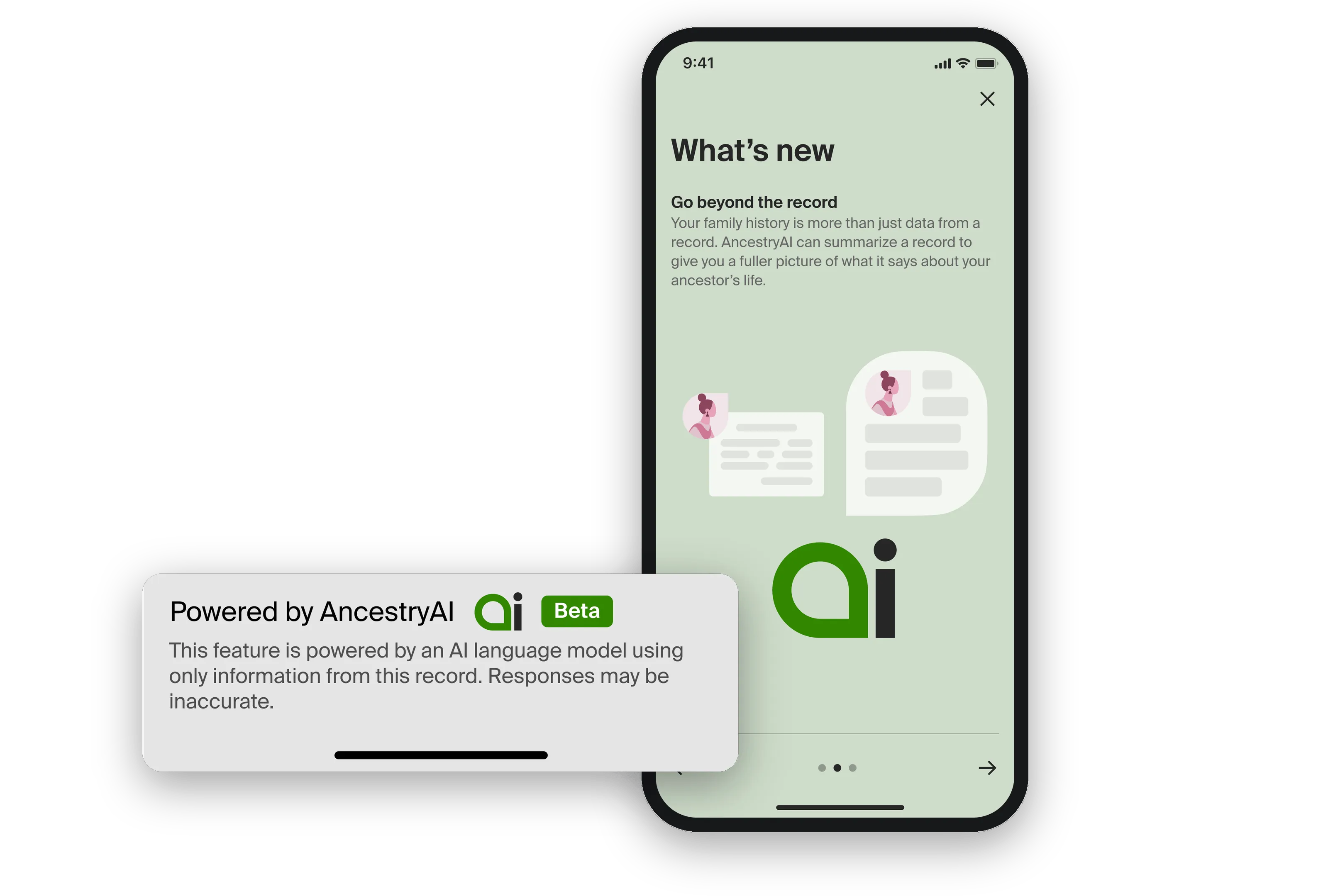 A What's new announcement screen introducing AncestryAI with the AI mark, and the Powered by AncestryAI strip with Beta badge and the disclaimer that responses may be inaccurate.