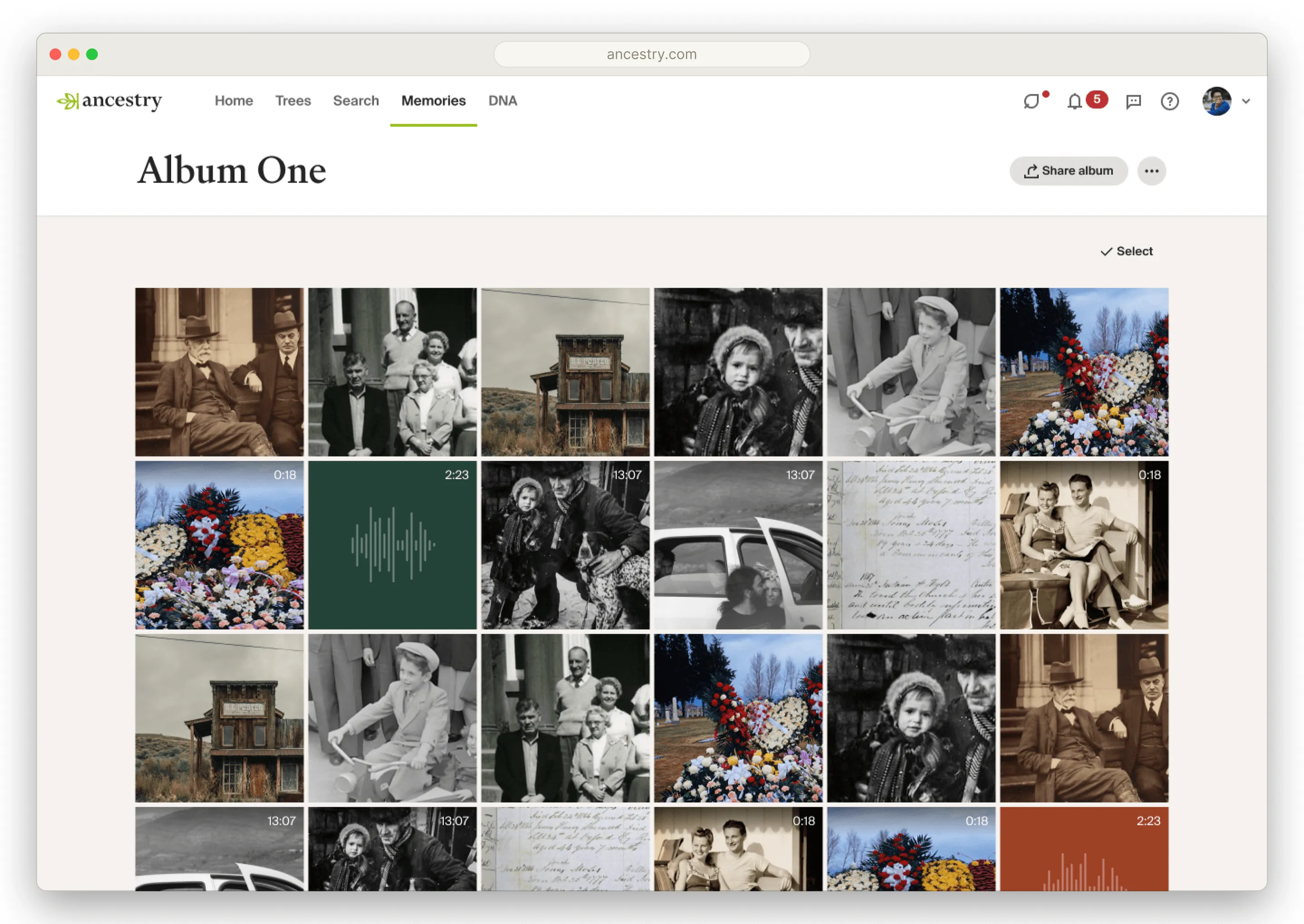 An AncestryPreserve album on web holding video clips, photographs, audio, and scanned documents together.