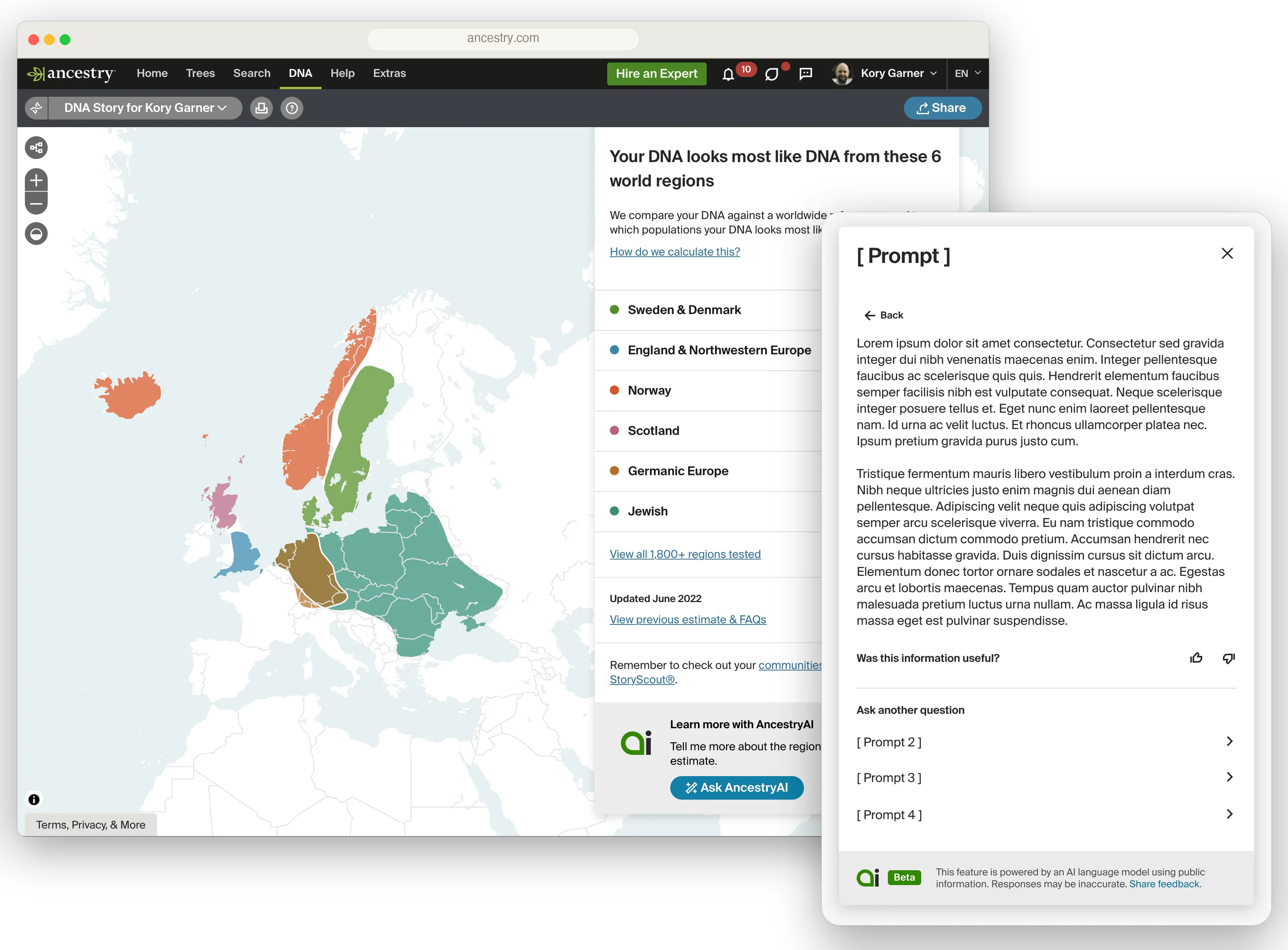 The DNA Story ethnicity map on web with a Learn more with AncestryAI entry card, and the Q&A panel open on a generated answer with a Was this information useful prompt and suggested follow-up questions.