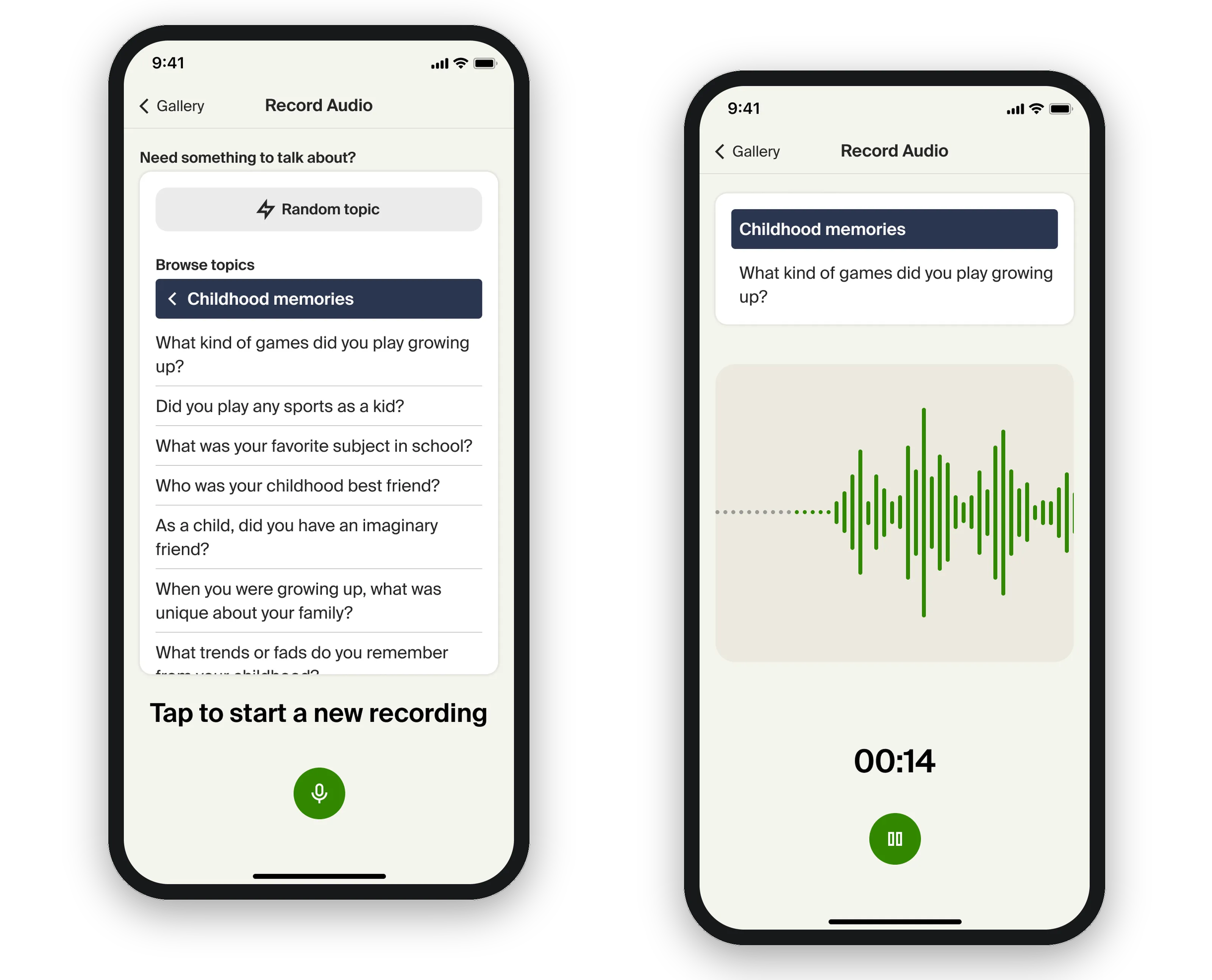 Two phones: the Record Audio screen with browse-by-topic prompts under Childhood memories, and a recording in progress with a live waveform and the prompt pinned at the top.
