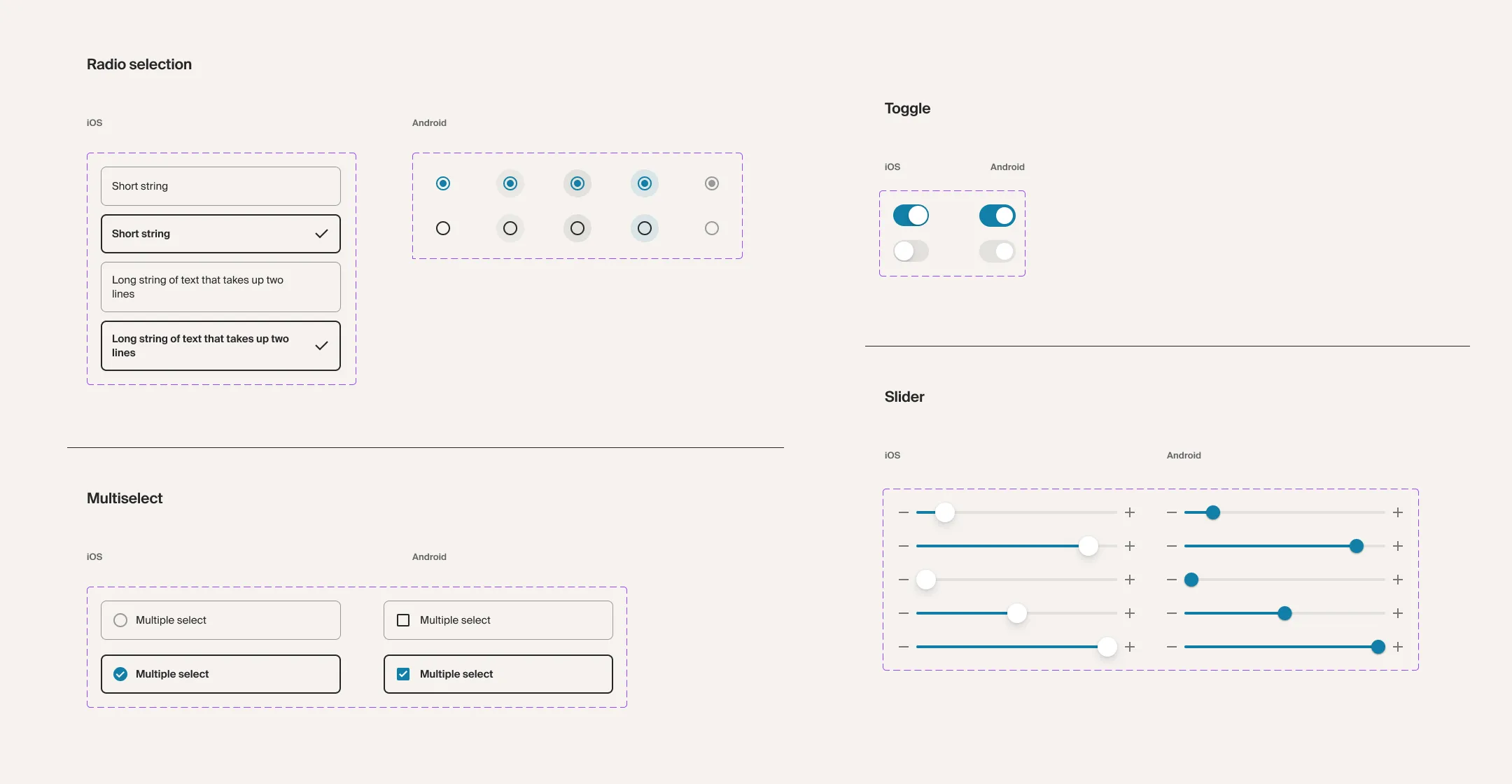 Four Aspen control types documented side by side in iOS and Android columns: radio selection, multiselect, toggle, and slider — each platform rendering the same control in its own idiom.