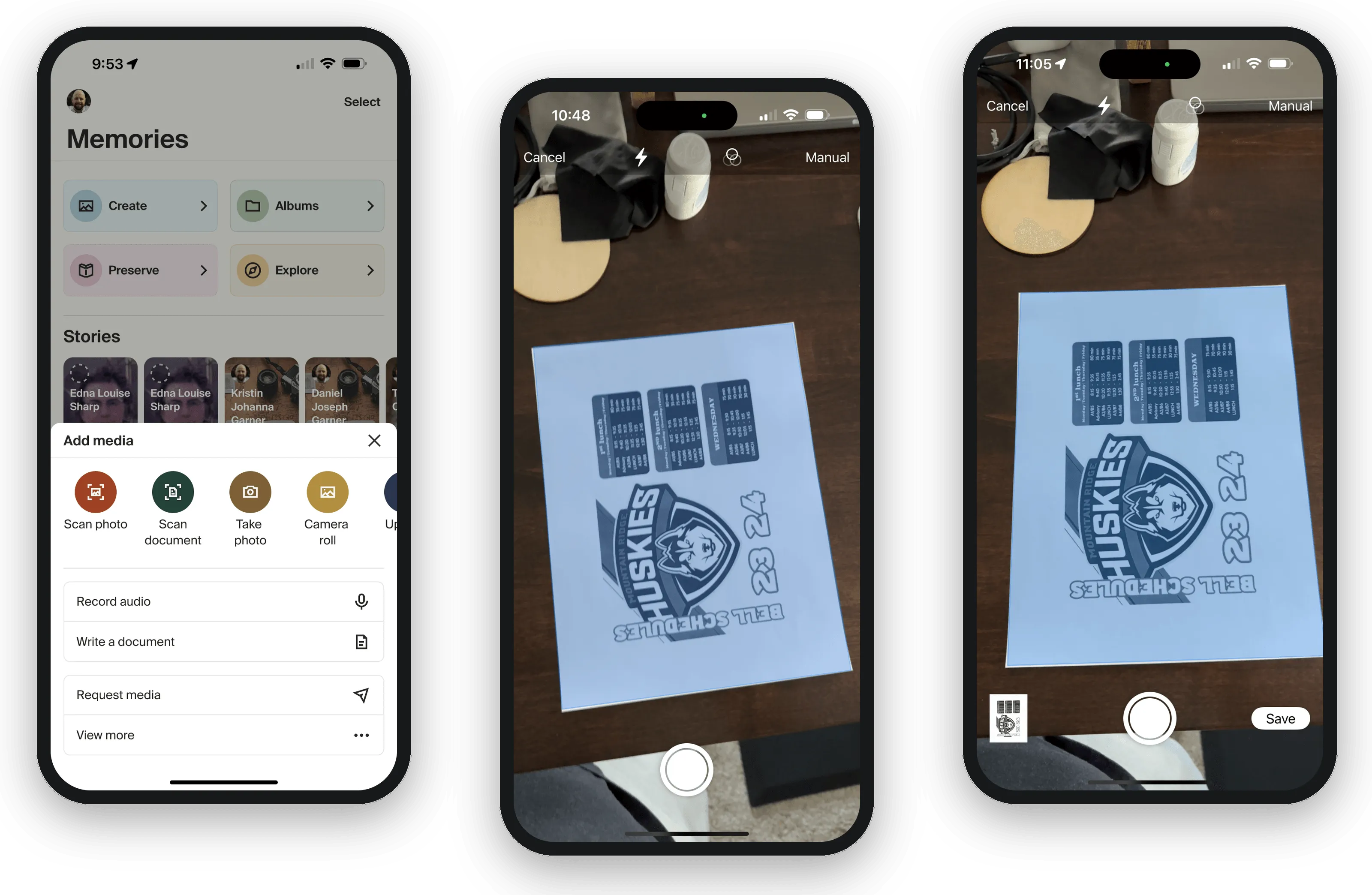 Three phones: the add-media sheet with scan options, the camera framing a paper flyer on a desk, and the captured scan ready to save.