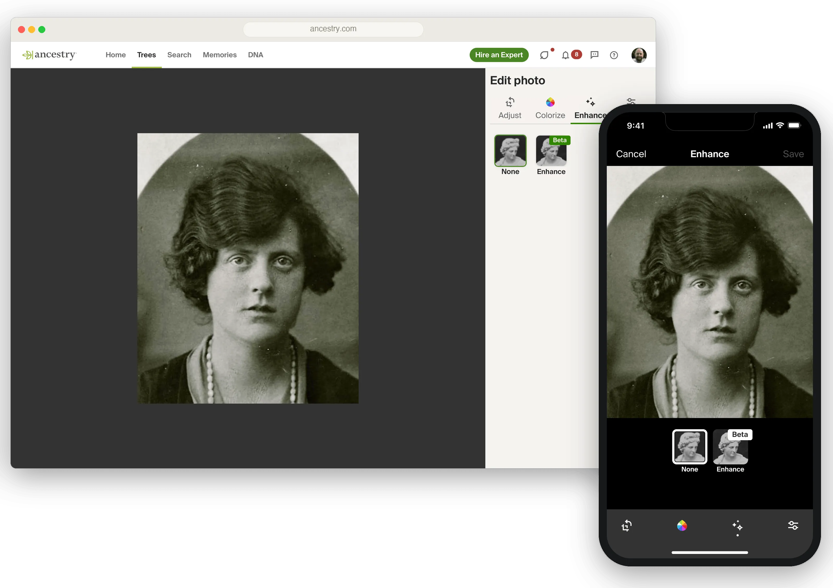 The web photo editor with the Enhance tab active on an old portrait, beside a phone running the same Enhance edit with None and Enhance options.