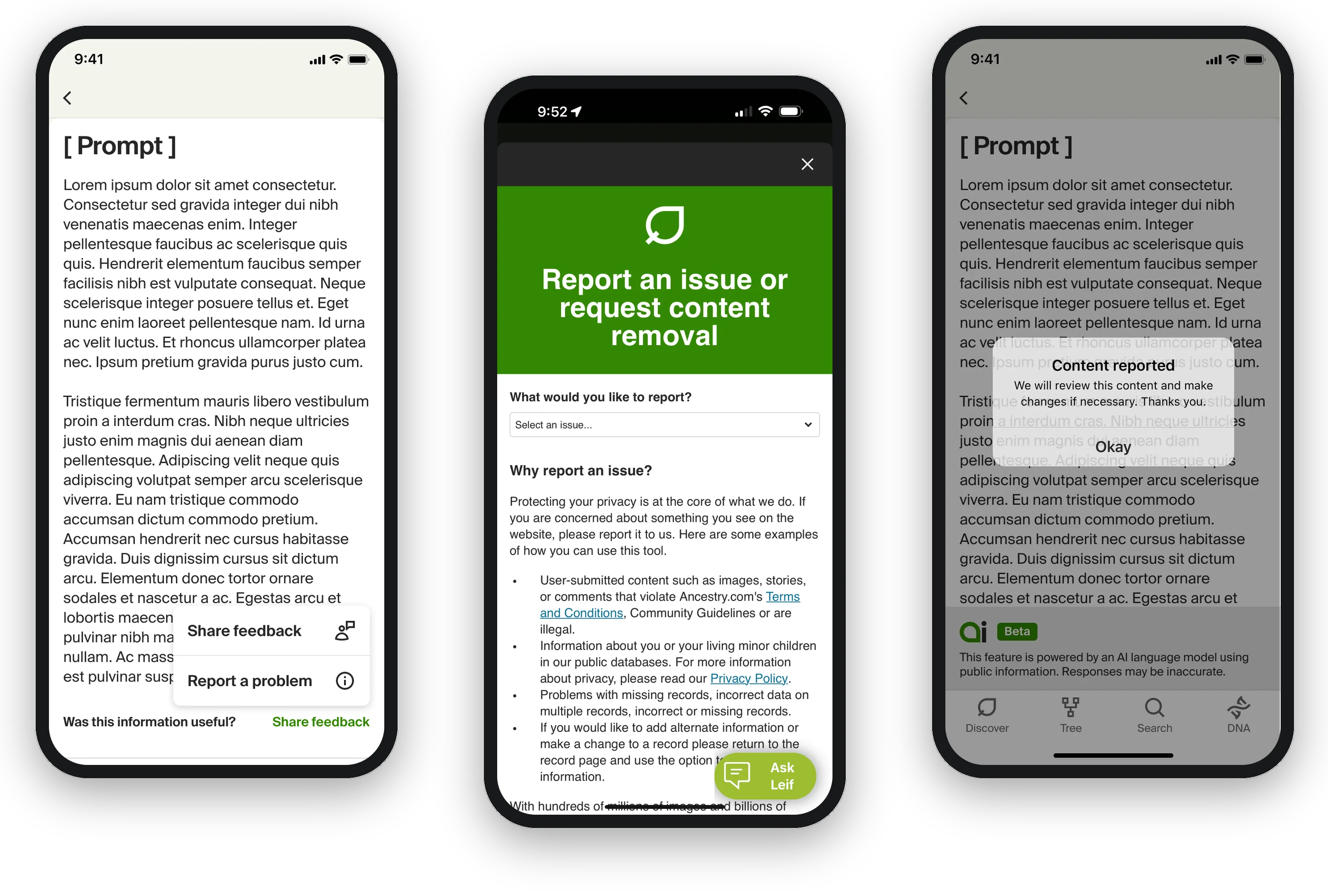 Three phone screens: the Share feedback and Report a problem menu on a generated response, the report an issue or request content removal form, and the content reported confirmation.