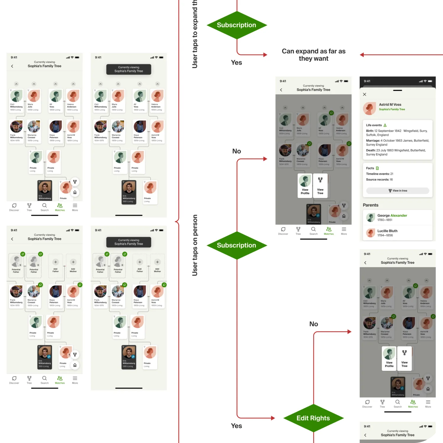 View Match's Tree — key screens