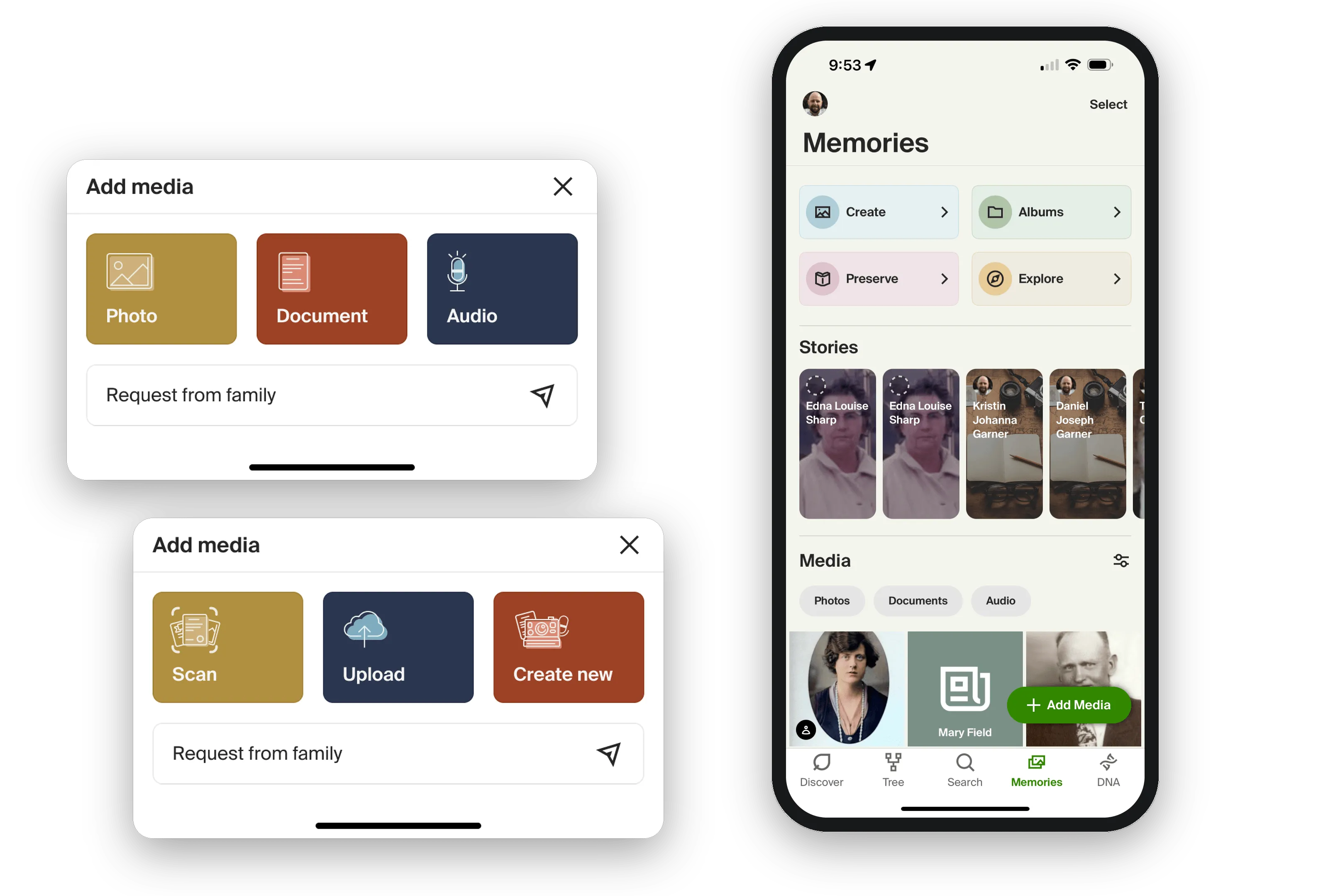The Memories tab on a phone with its add-media button, beside two versions of the add-media drawer: photo, document, and audio tiles, and scan, upload, and create-new tiles — each with a request-from-family row.