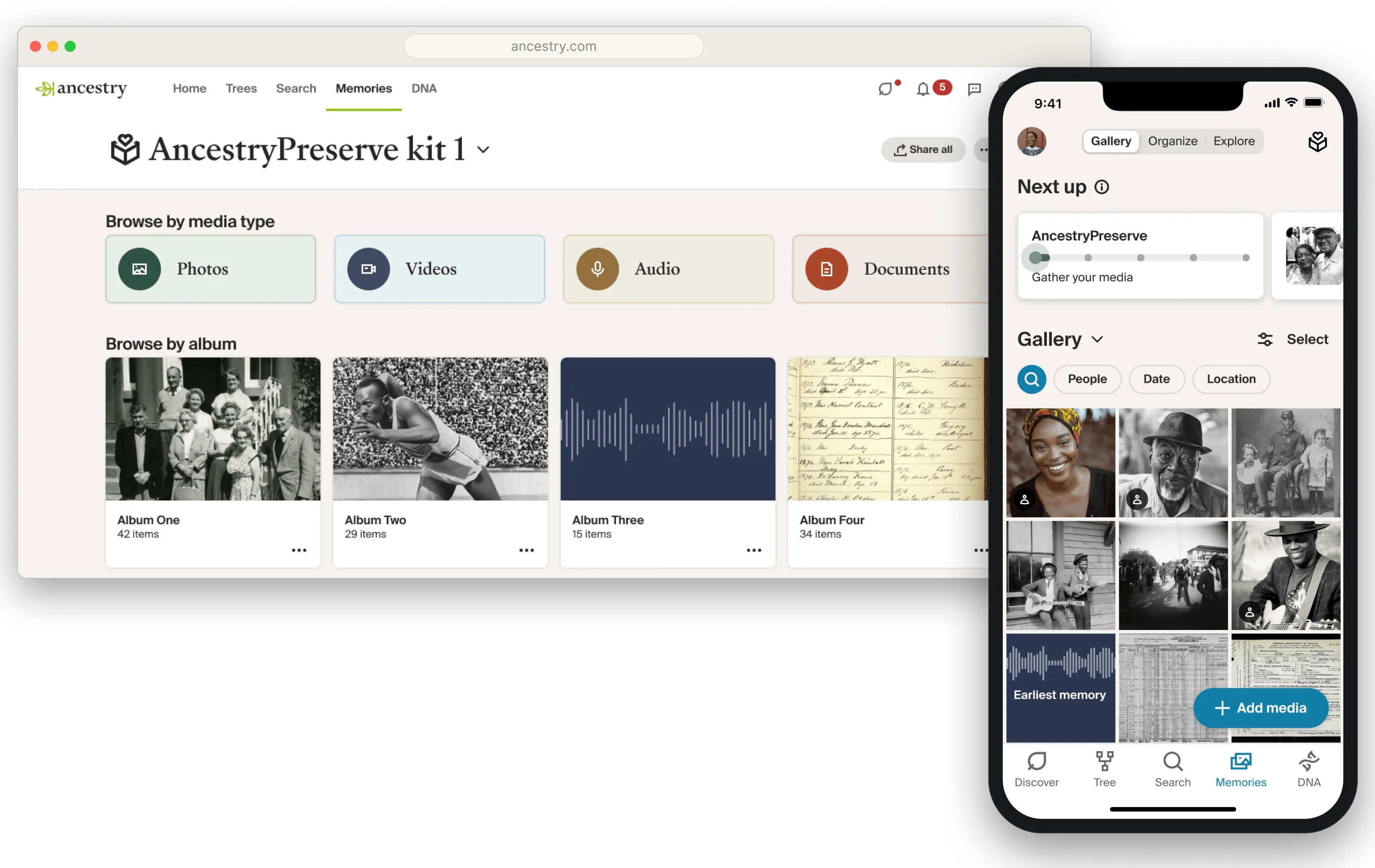 The AncestryPreserve library on web, with the Preserve entry card inside the Memories gallery on iOS.