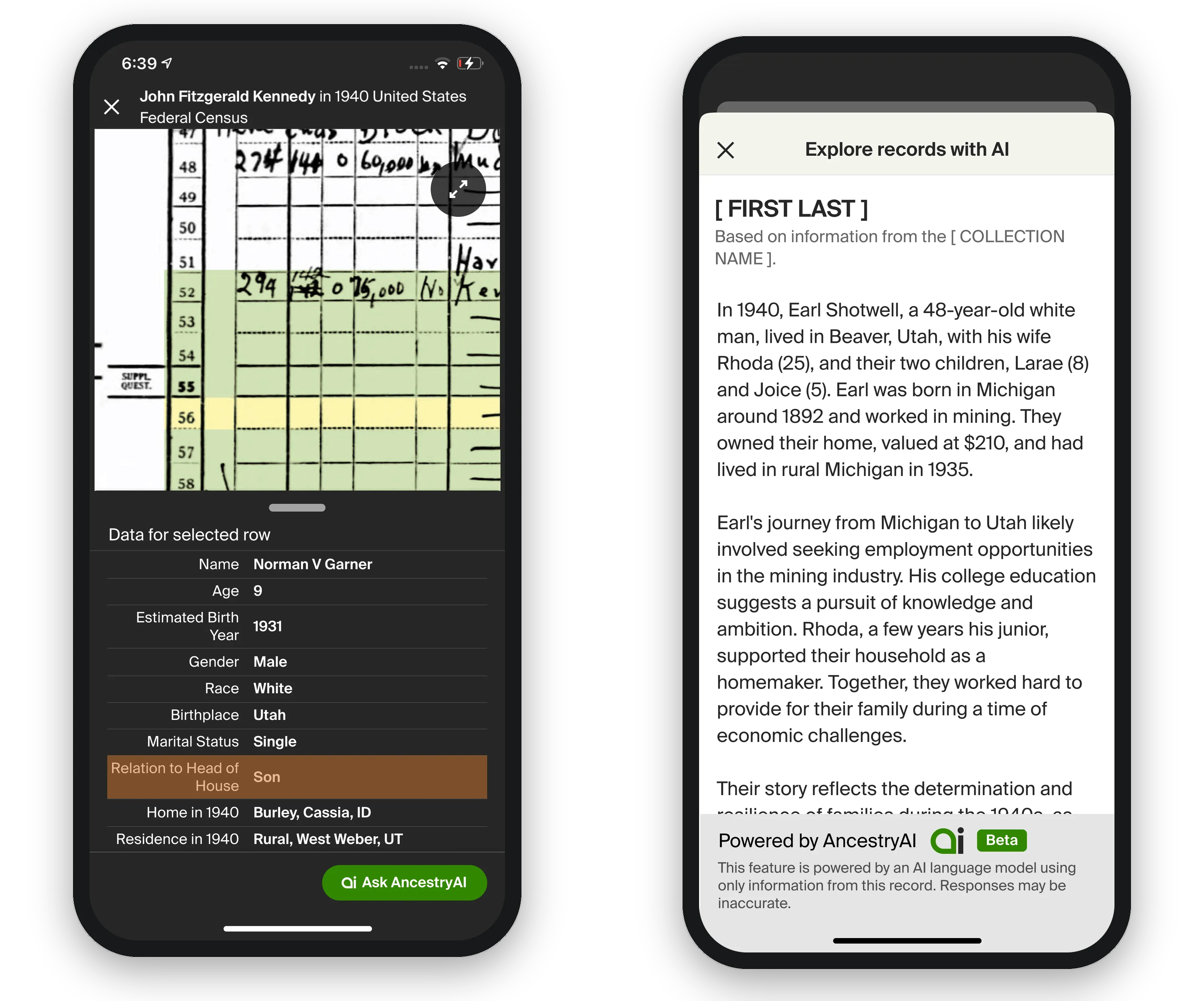 A census record open in the image viewer, with row-level data and an Ask AncestryAI button, beside the generated narrative screen showing the story written from that record with its source image and AncestryAI label.
