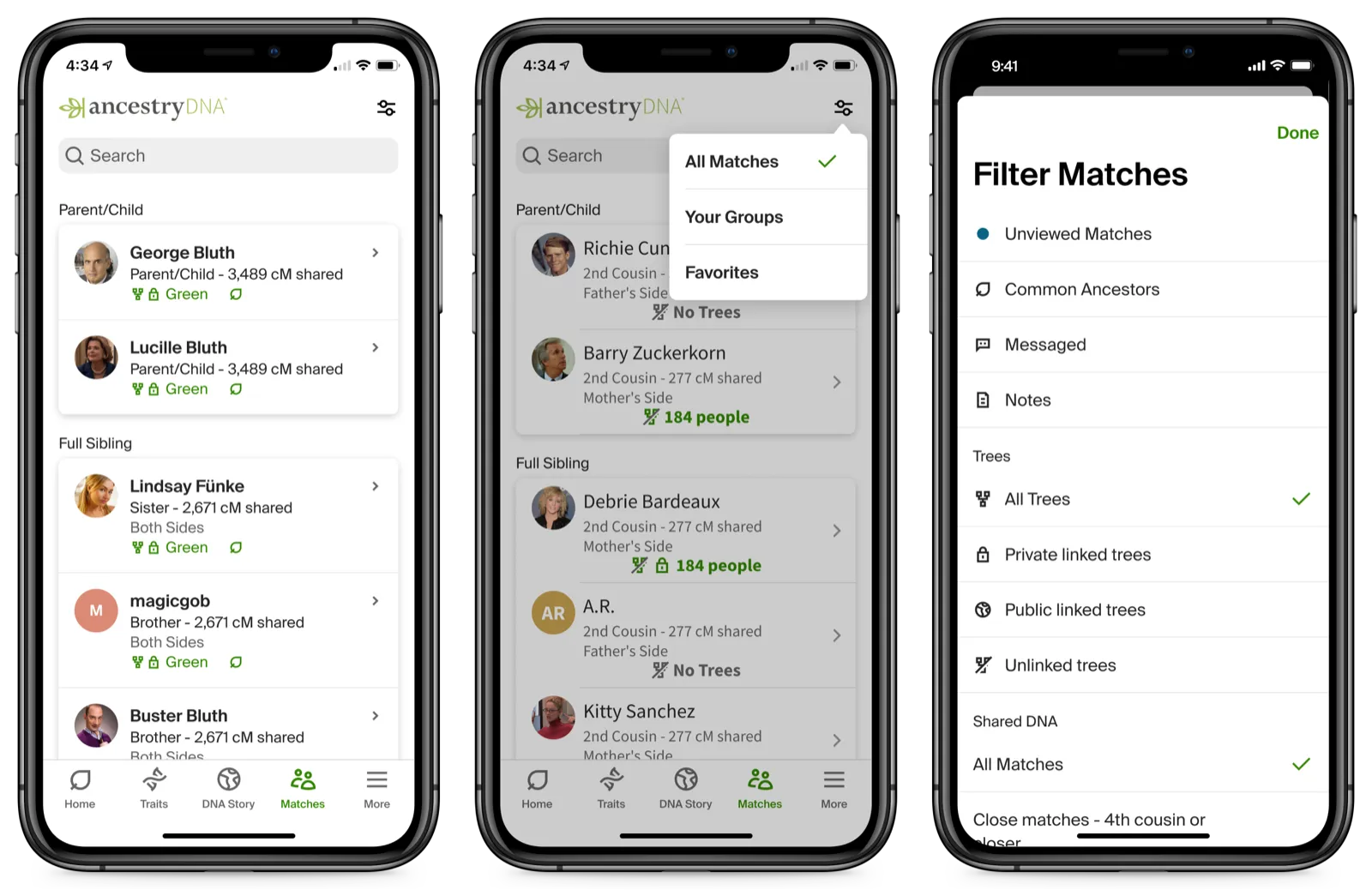 Native DNA Matches — the match list and filtering panel.