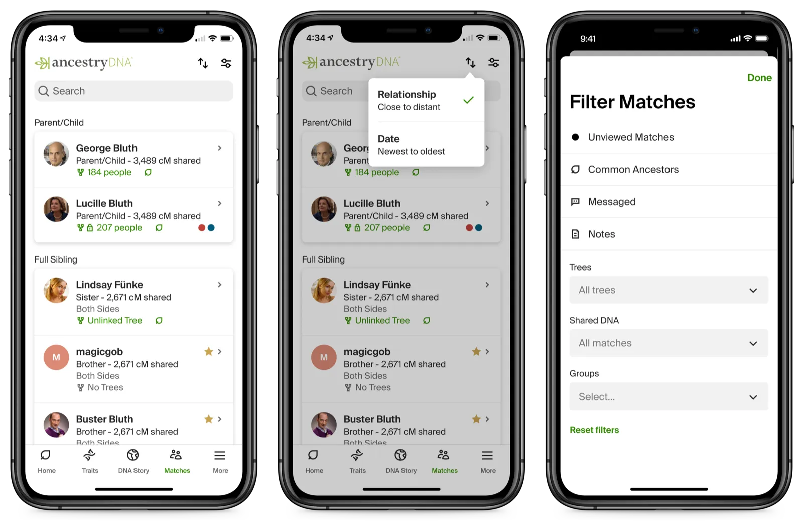 Sorting and filtering controls for DNA Matches, built for mobile.