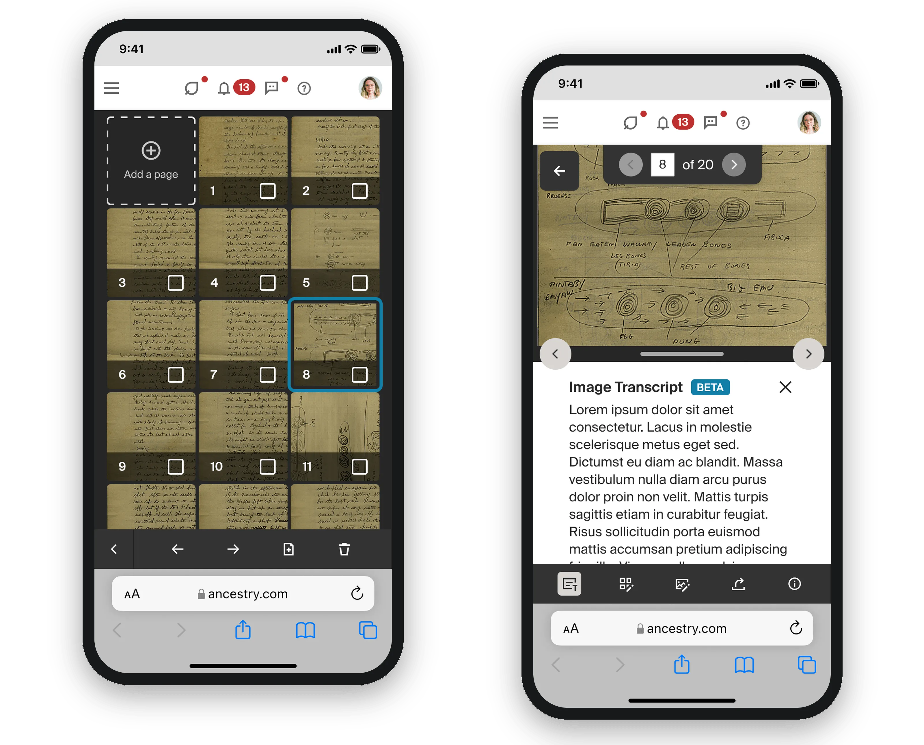 Two phones showing a handwritten journal as multi-page media: the page grid in edit mode with an add-a-page tile, and the reading view paging through page 8 of 20.