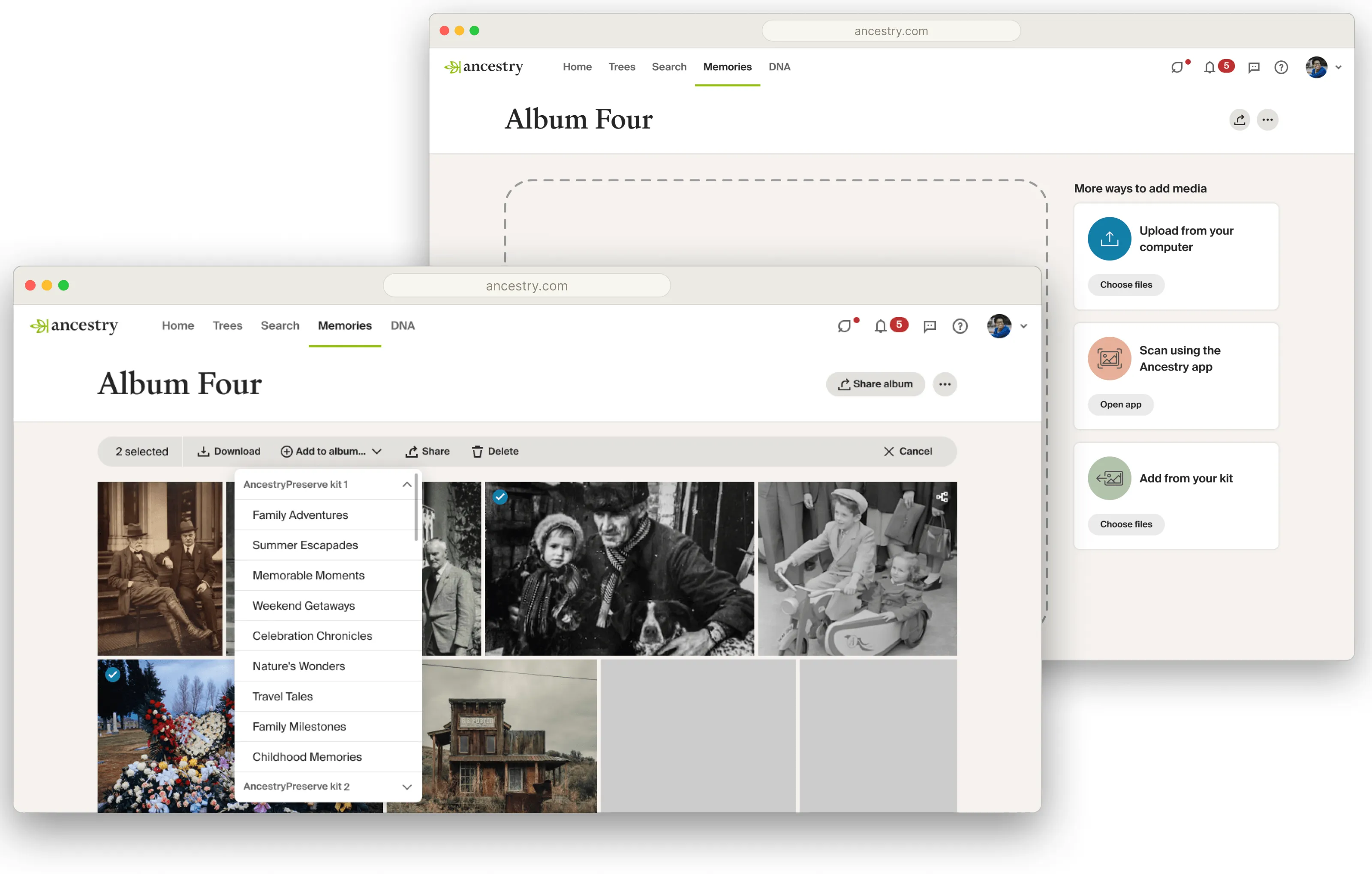 Post-launch album management on web: the album's add-media page, and moving selected items into another album.