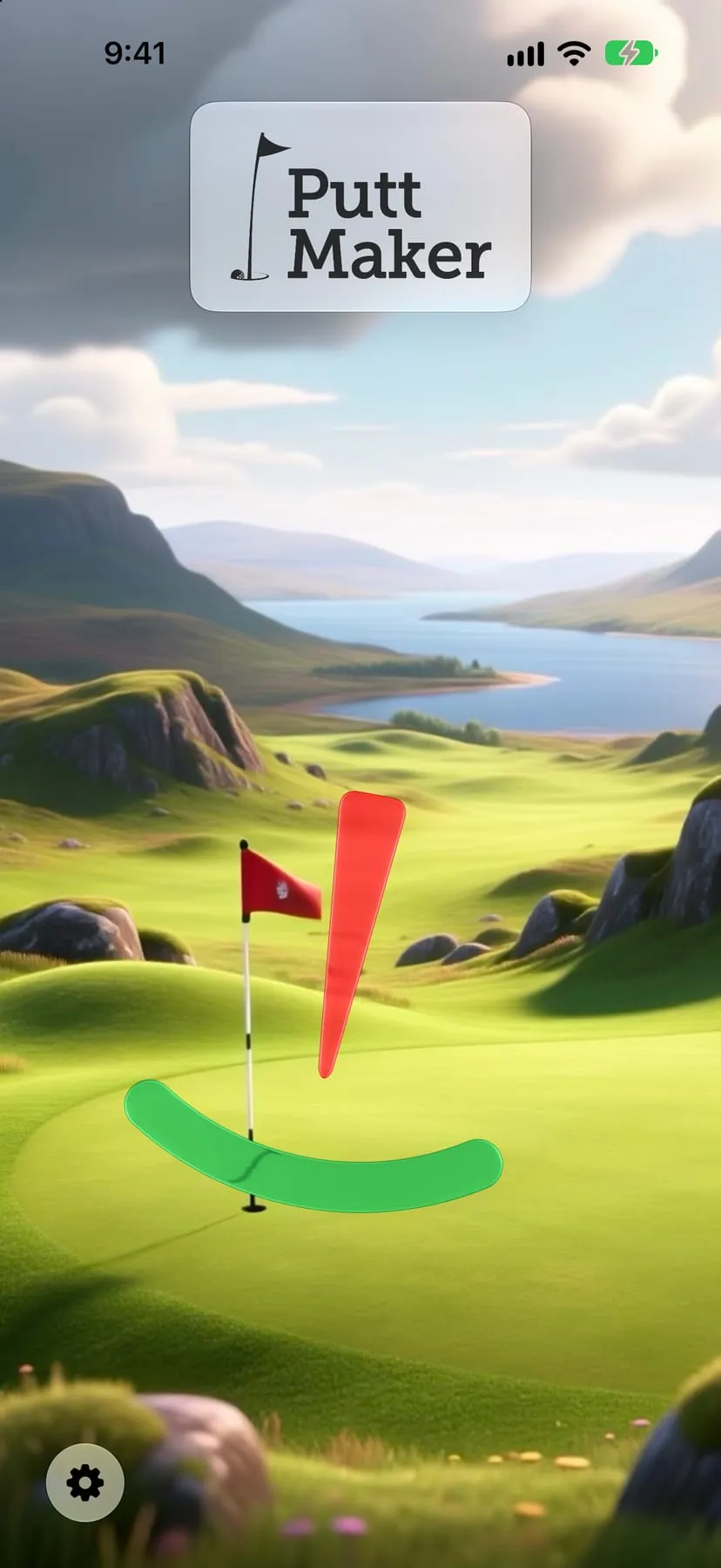 Putt Maker — red needle and green arc reading a gentle slope on an animated highland green