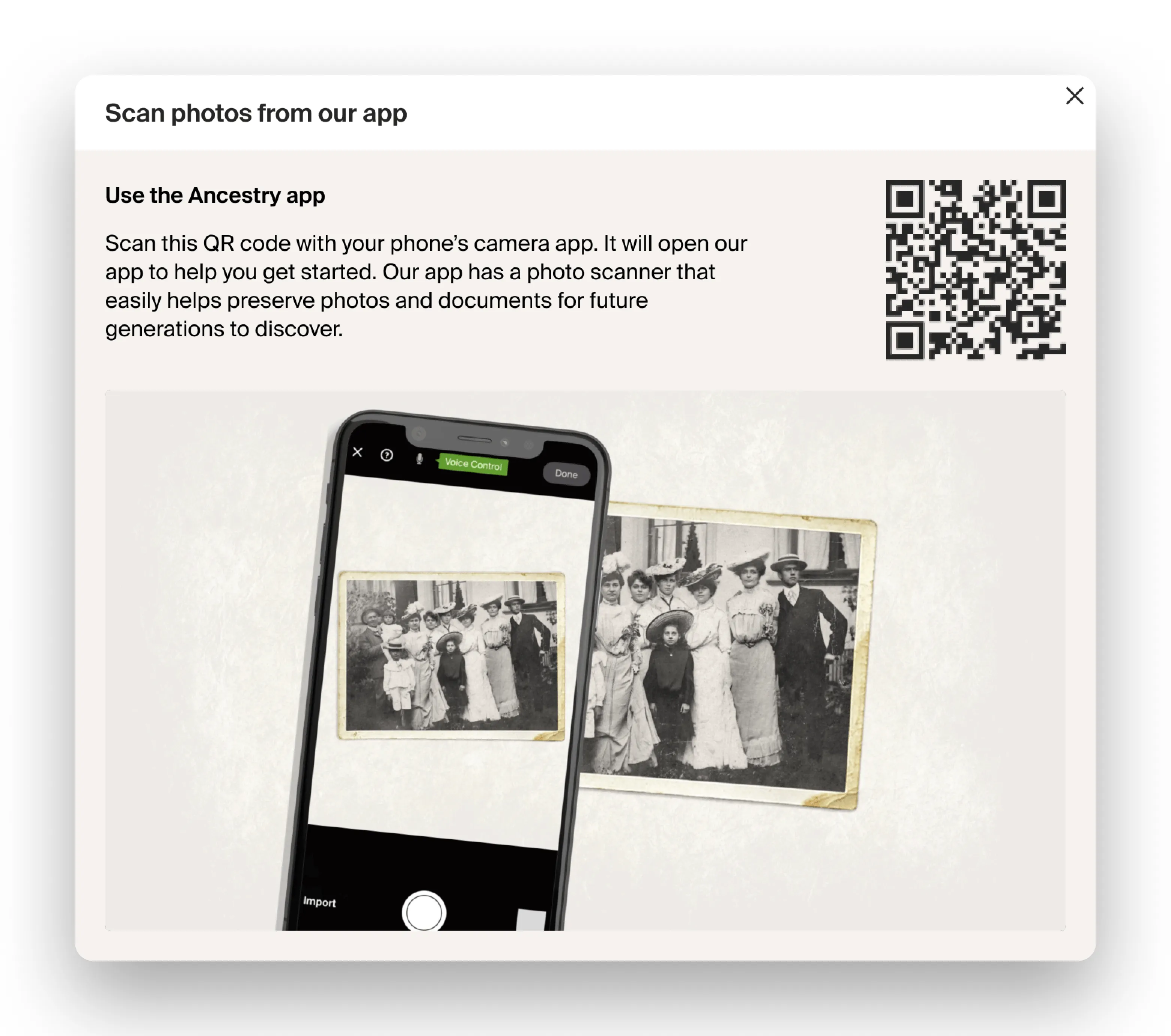The 'Scan photos from our app' modal — a QR code on web hands off to the app's photo scanner.