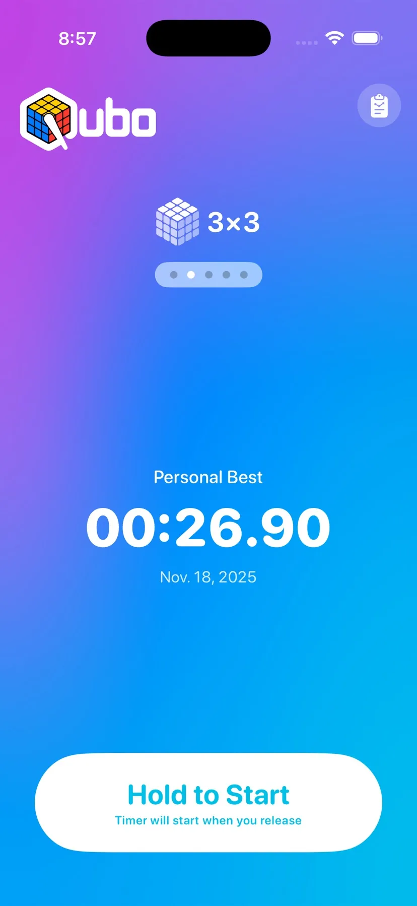 Qubo — hold-to-start solve timer showing a 3×3 personal best