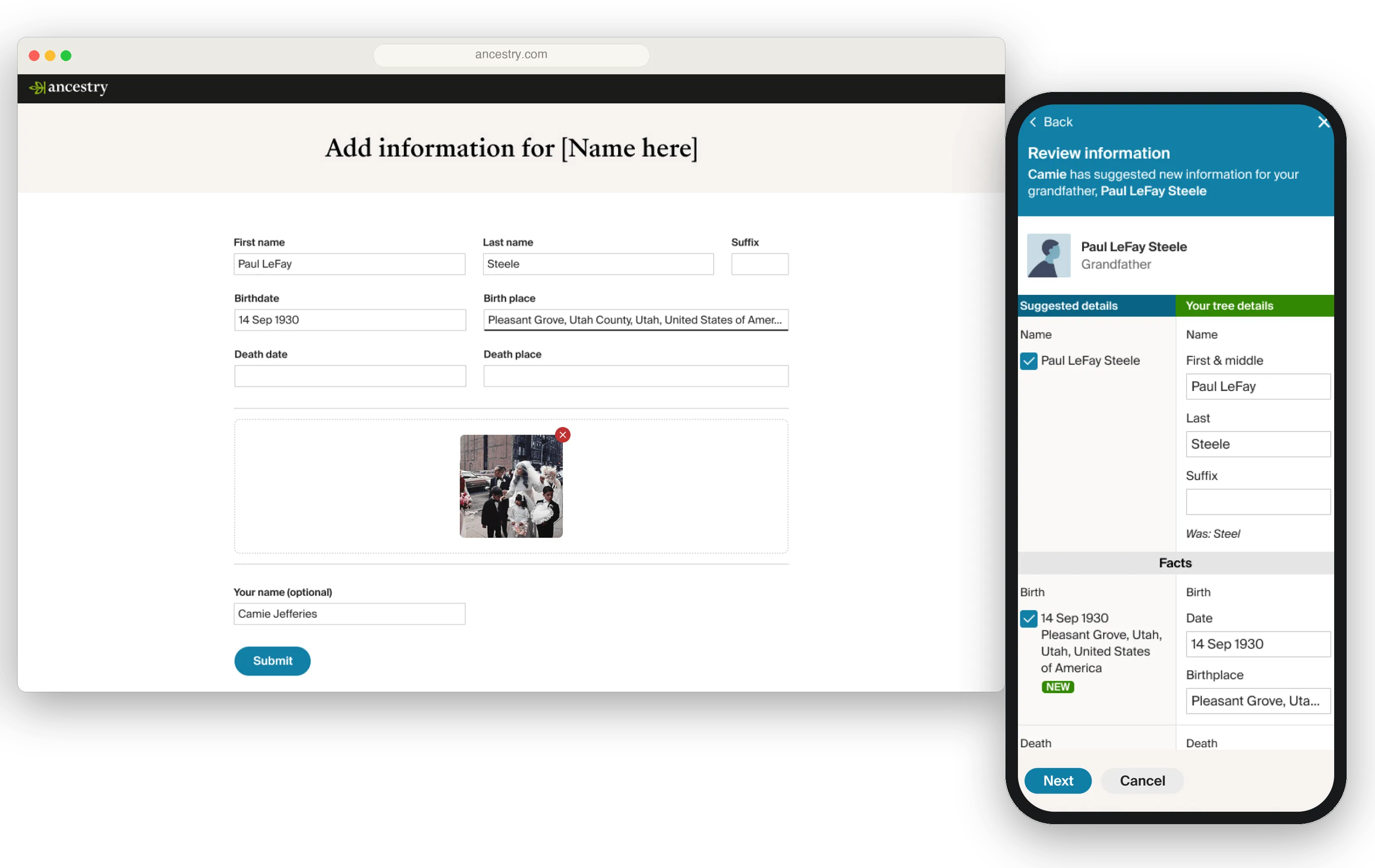 The Request Media recipient page on web, a simple add-information form with an uploaded photo, beside the mobile review screen where the tree owner accepts the suggested details.
