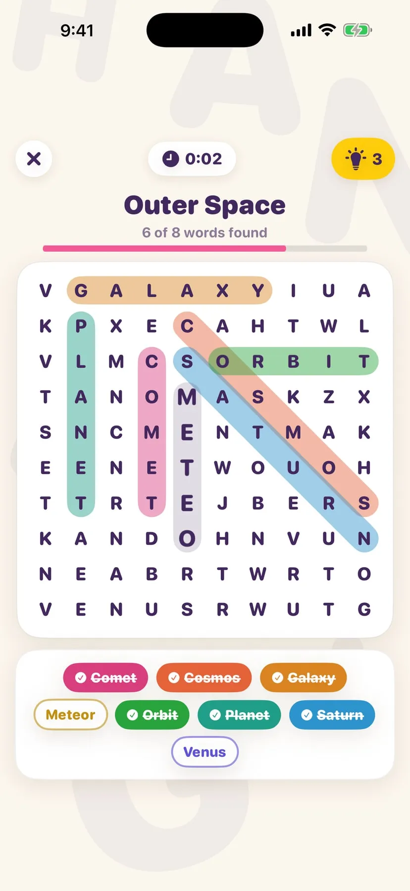 Search Me! — an Outer Space word search mid-game, six of eight words found