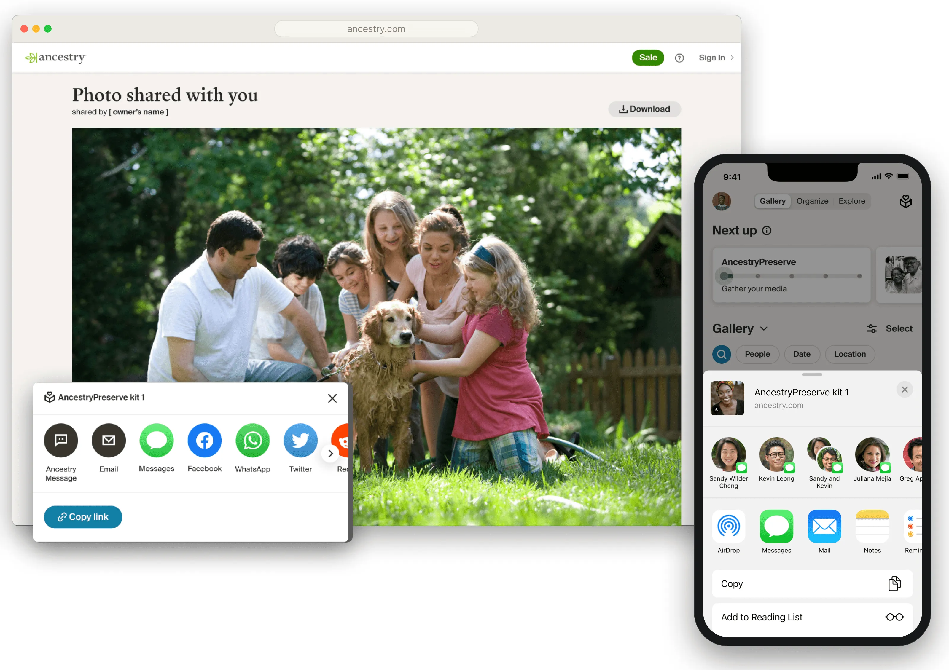 The private-link share flow: the copy-link popover, the iOS share sheet, and the recipient's 'Photo shared with you' page.