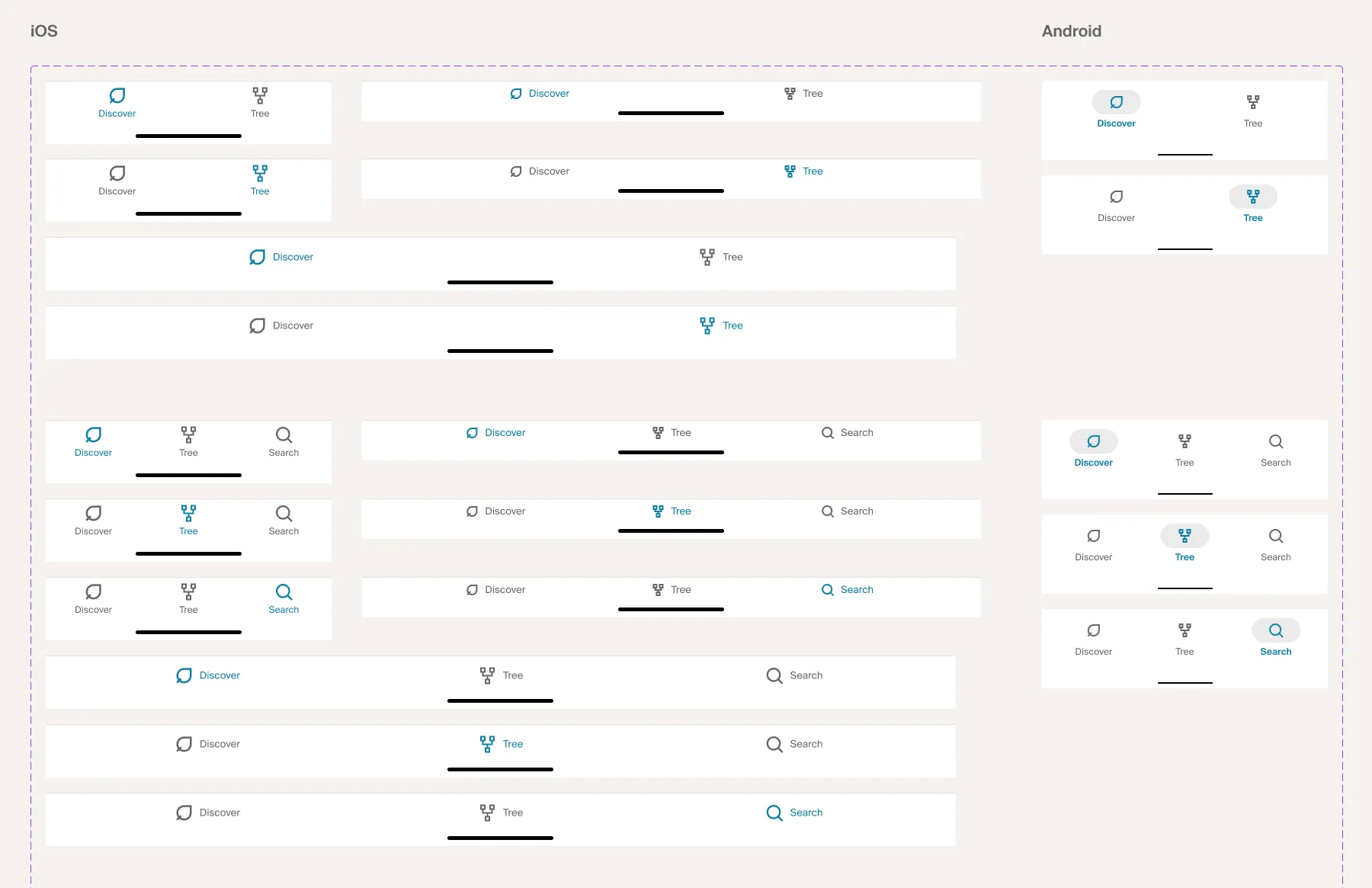 The Aspen tab bar component set documented across configurations — two, three, four and five tabs, each with every tab selected in turn — in iOS and Android columns.