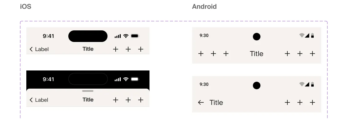 The Aspen top navigation bar documented in two columns: the iOS variants center the title with a chevron-and-label back control, while the Android variants left-align the title behind a back arrow.