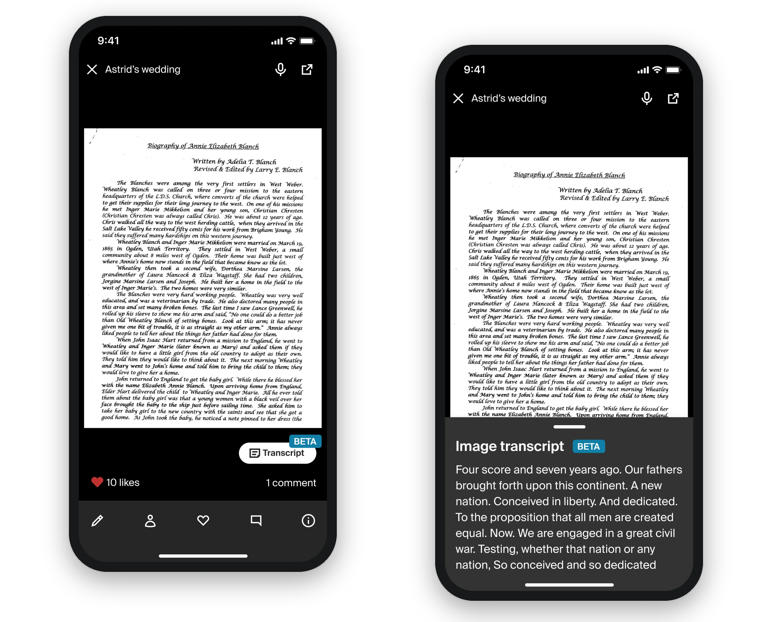 Two phones: a scanned typewritten biography with a Transcript button, and the Image Transcript panel open over the document showing the generated text.