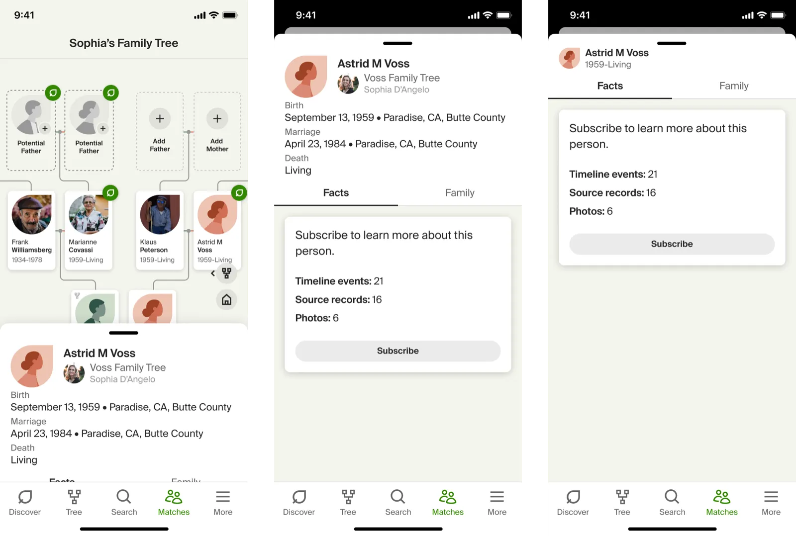 The tree viewer with relocated controls and a subscription-gated person drawer.
